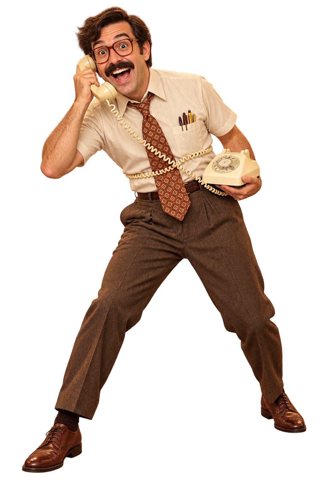 Un personnage rétro enthousiaste au téléphone